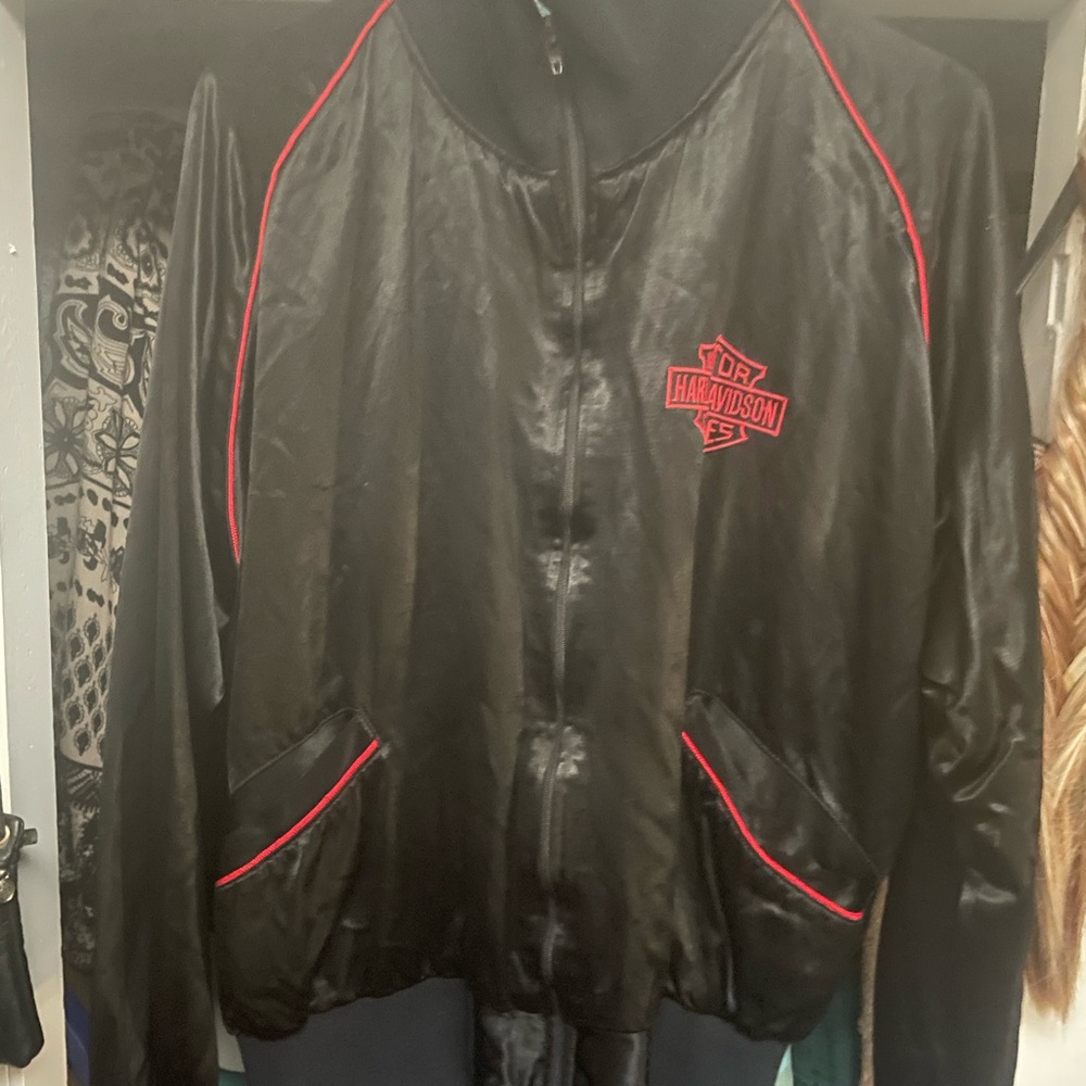 1970’s Rare Harley-Davidson black satin bomber style jacket with red accents